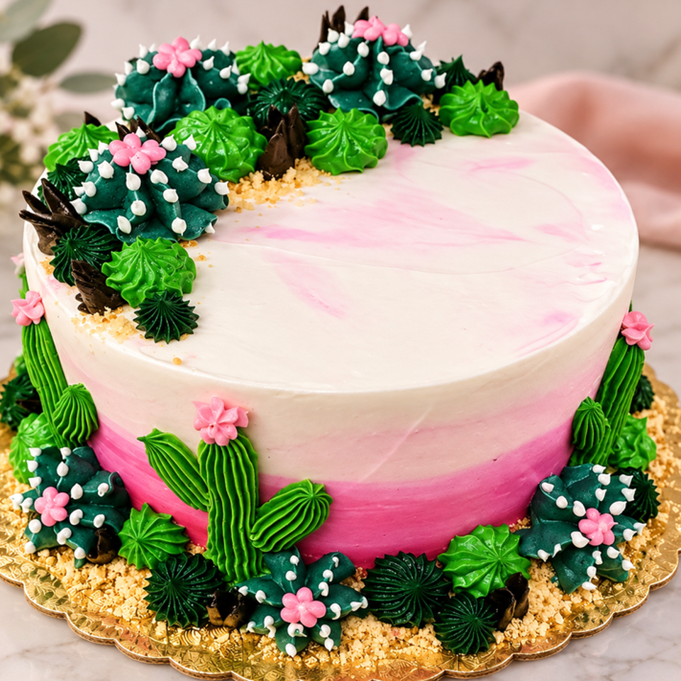 Round pink-and-white frosted cake decorated with colorful cactus-shaped icing, flowers, greenery, and crumb-covered gold cake board.
