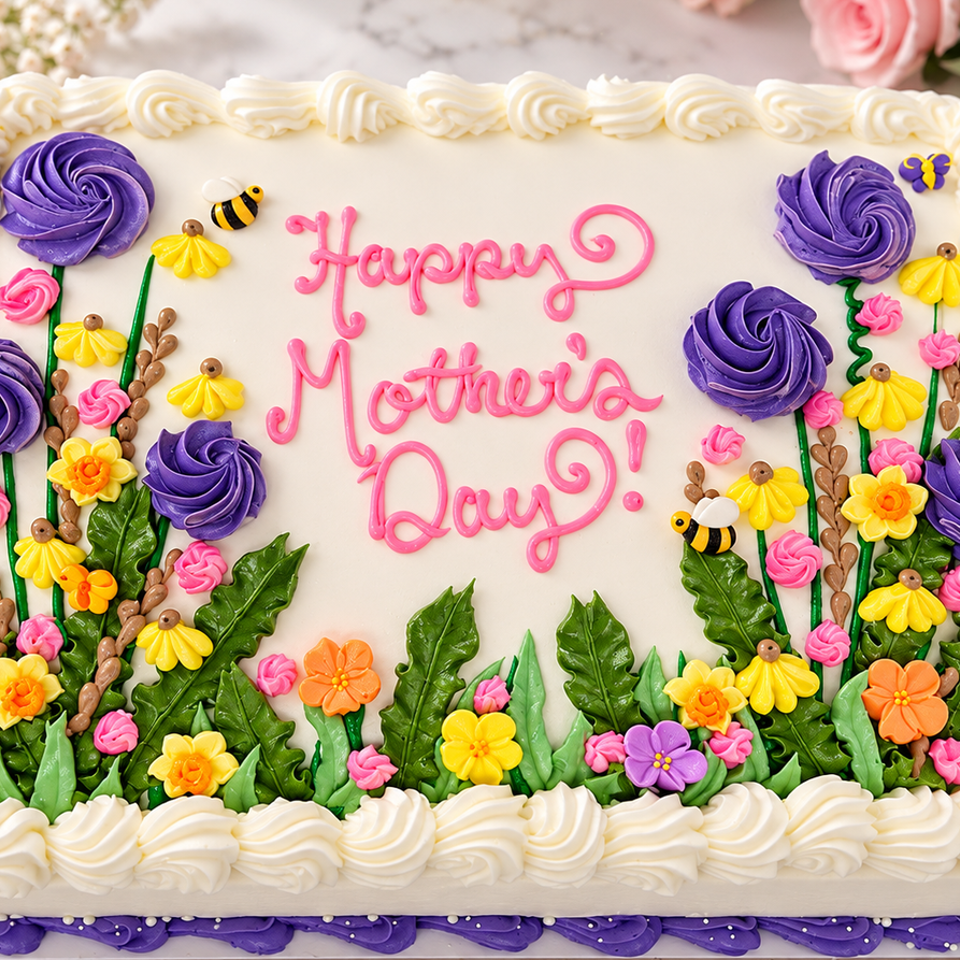 Decorated Mother’s Day cake with colorful piped flowers, bees, butterflies, and pink script lettering.