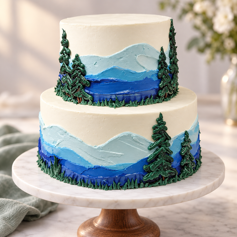 Two-tier cake decorated with blue mountain landscapes, evergreen trees, and grassy piped borders on a marble cake stand.