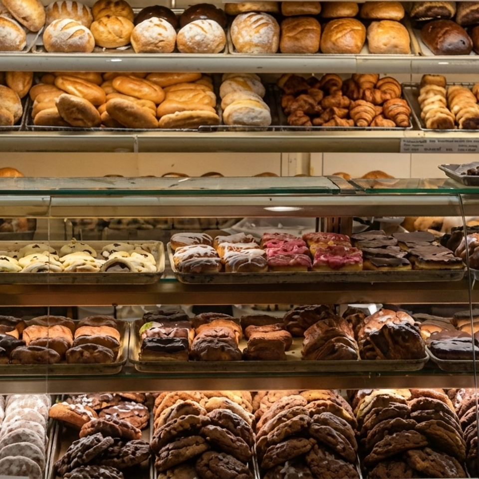 Glass bakery display filled with assorted breads, pastries, doughnuts, cakes, and rows of cookies.