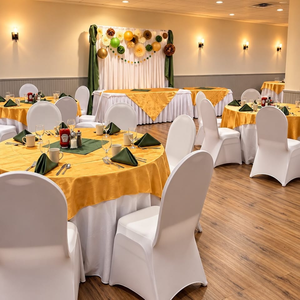 Elegantly decorated banquet hall with gold-draped tables, white chair covers, green napkins, and a floral backdrop.