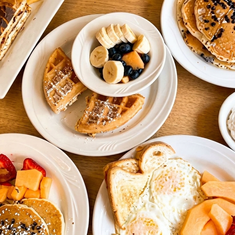 Overhead view of a breakfast spread with pancakes, waffles, French toast, eggs, bacon, fruit, and whipped cream on a wooden table.
