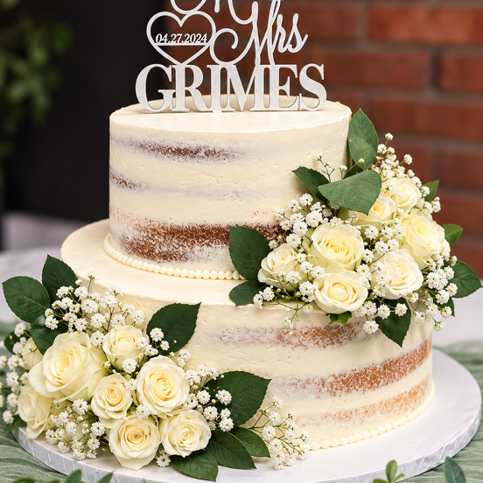 Two-tier semi-naked wedding cake decorated with white roses, baby's breath, greenery, and a personalized “Mr & Mrs Grimes” topper.
