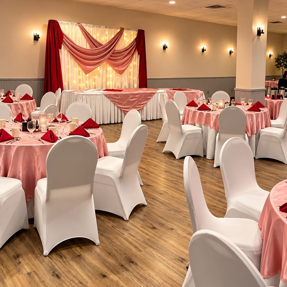 Elegant banquet hall with pink tablecloths, red napkins, white-covered chairs, and draped pink window décor.