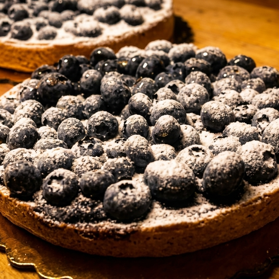 Two blueberry tarts dusted with powdered sugar sit on decorative serving boards atop a wooden table.