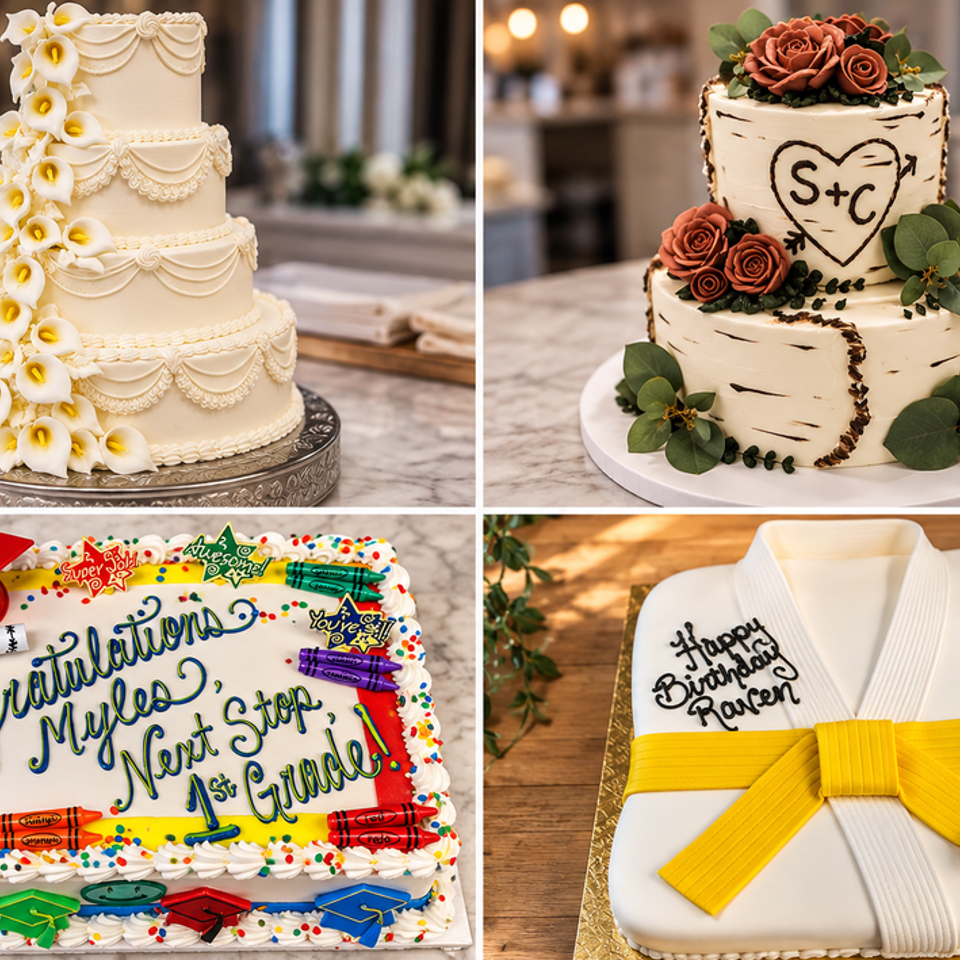 Collage showcasing four decorated cakes: a floral tiered wedding cake, rustic rose cake, graduation cake, and yellow-belt birthday cake.