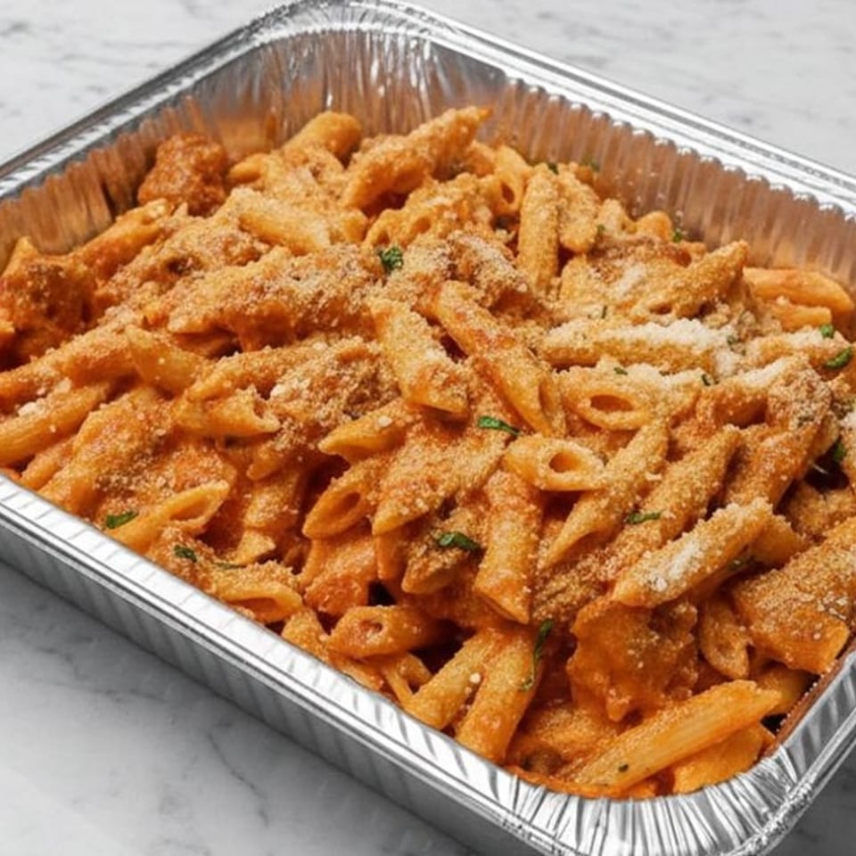 Aluminum tray filled with penne pasta in creamy tomato sauce, topped with grated cheese and parsley.