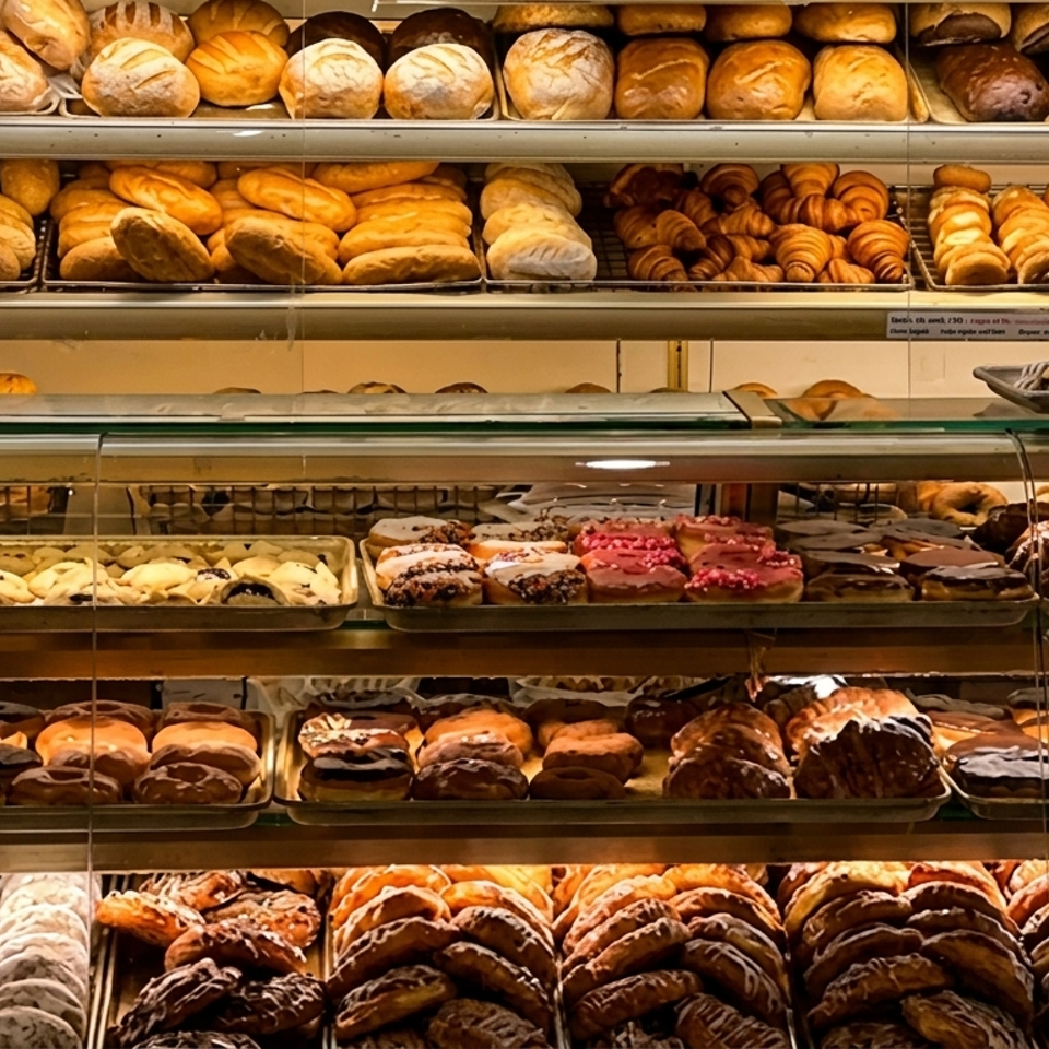 Glass bakery display filled with rows of fresh breads, pastries, cookies, donuts, and chocolate-glazed treats.