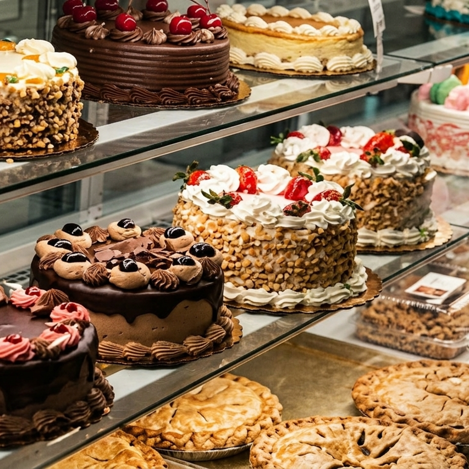 Glass bakery display filled with decorated cakes, fruit-topped pastries, macarons, cookies, and pies.