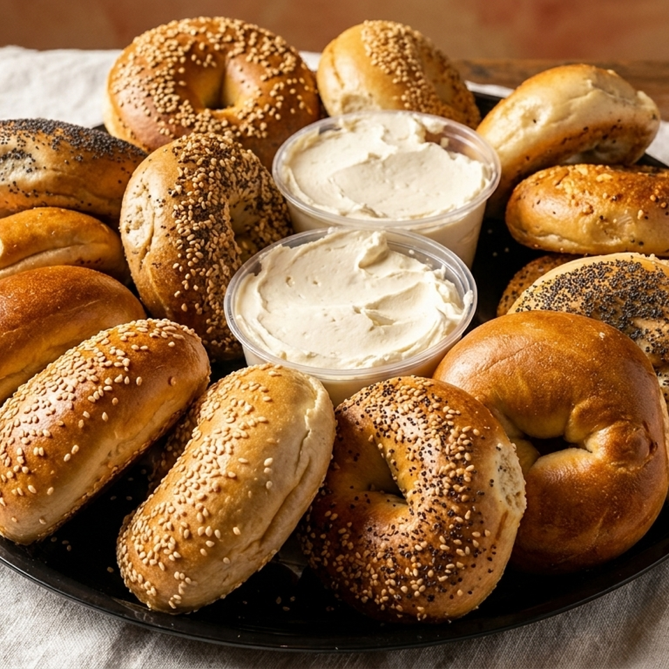 Assorted sesame and poppy seed bagels arranged on a black platter with two bowls of cream cheese.