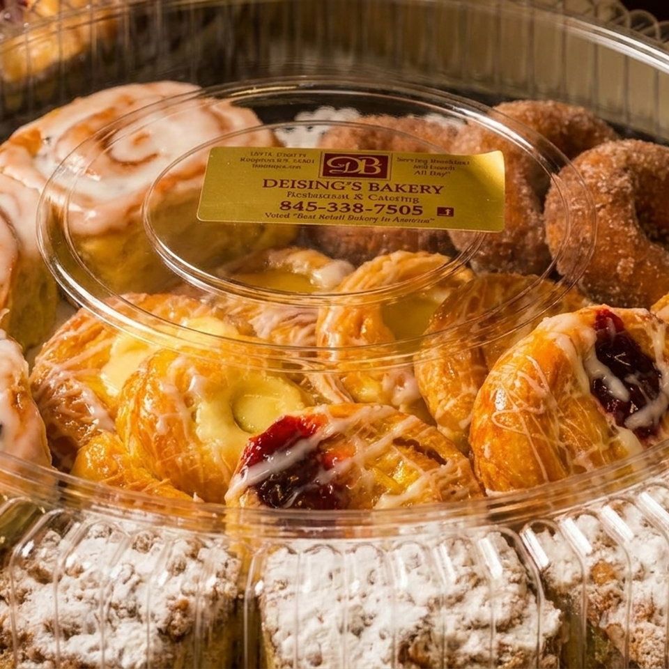 Assorted iced pastries and powdered baked goods fill a clear container labeled Deising’s Bakery.