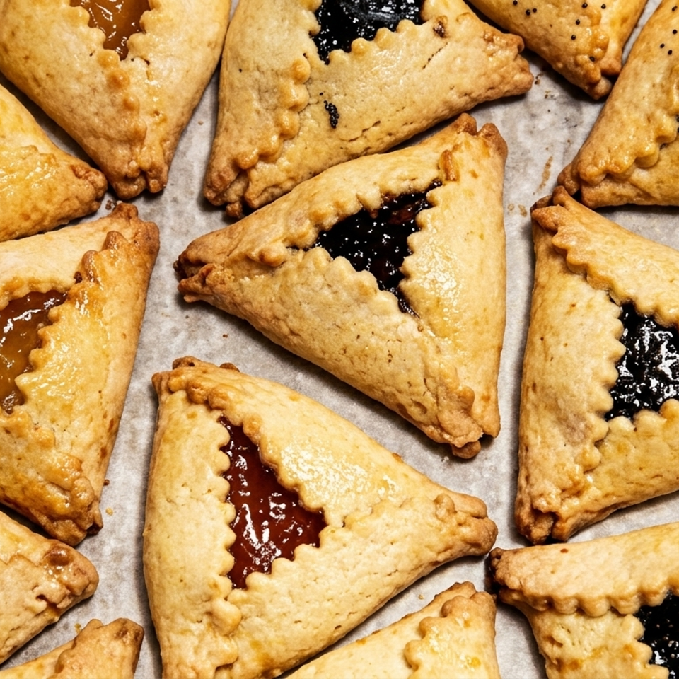 Golden triangular pastries with crimped edges and fruit fillings arranged on a parchment-lined baking sheet.