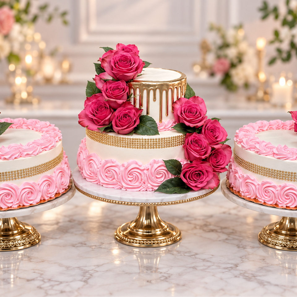 Three elegant pink-iced cakes decorated with fresh pink roses, gold accents, and displayed on ornate gold cake stands.