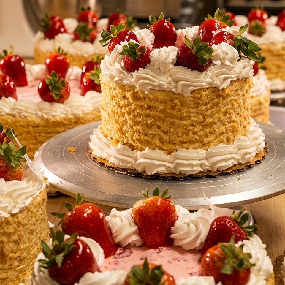 Several golden crumb-coated cakes topped with whipped cream and fresh strawberries sit on a bakery counter.