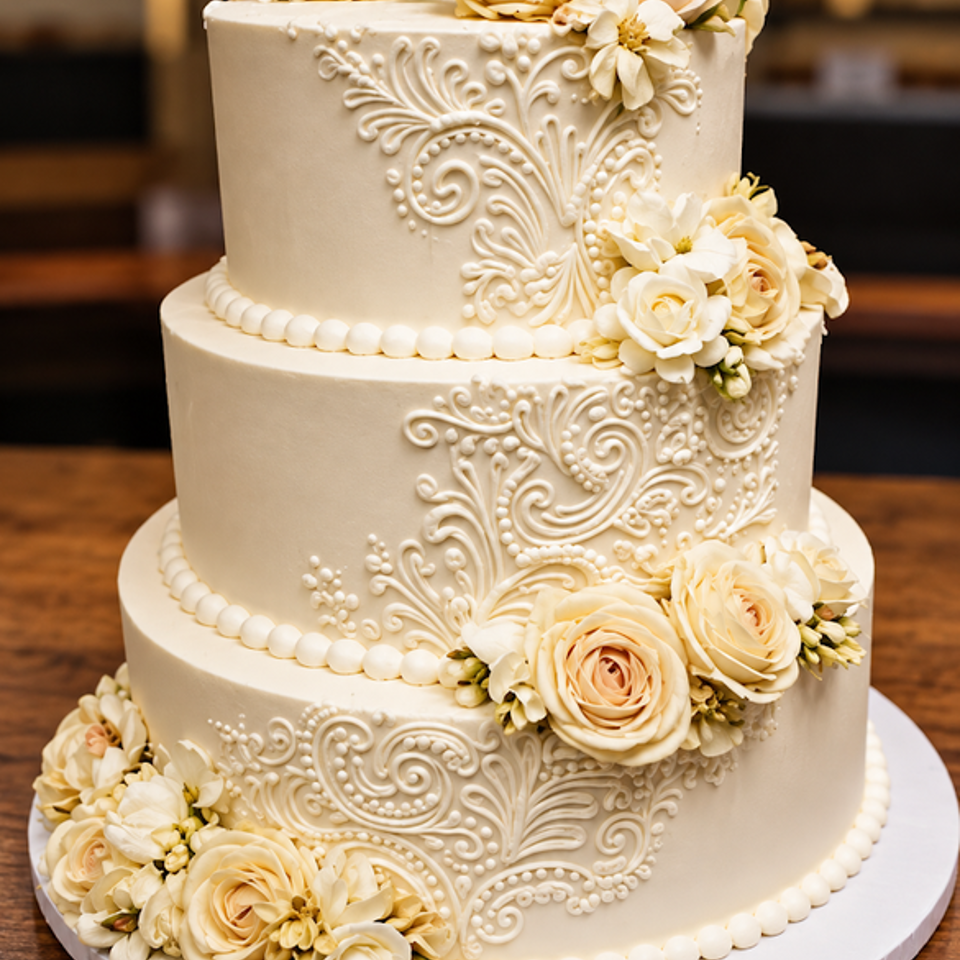 Three-tier ivory wedding cake decorated with intricate piping and cascading cream-colored roses on a white cake board.