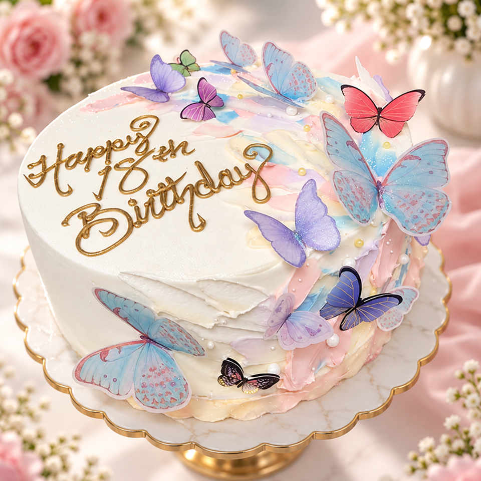 White birthday cake decorated with pastel butterflies, pink and blue frosting accents, pearl sprinkles, and gold "Happy Birthday" lettering.