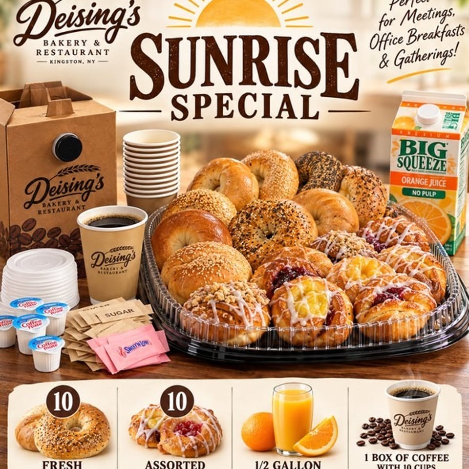 Deising’s Bakery and Restaurant sunrise special featuring bagels, mini danishes, orange juice, coffee, and breakfast supplies.